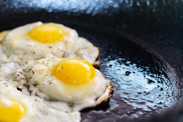 Fried eggs in a frying pan. Process of cooking eggs closeup. Food Background