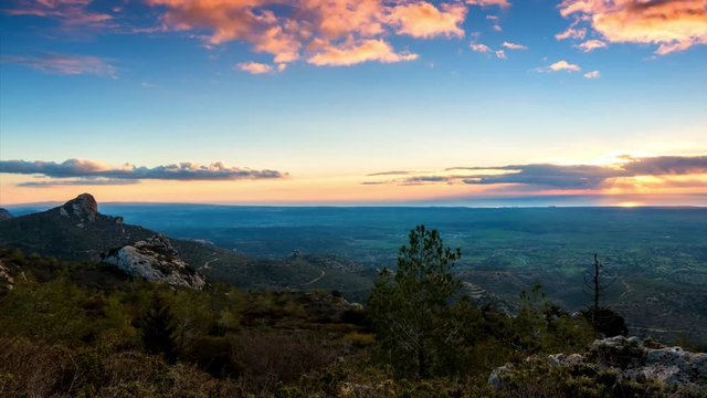 Beautiful sunrise in Cyprus mountains. Time lapse