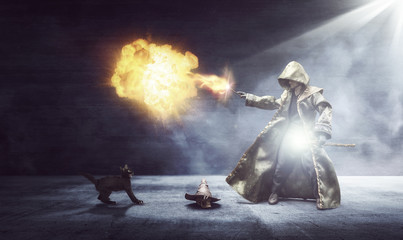 Wizard conjuring a fireball while the cat is scared