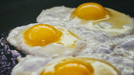 Vintage photo of Fried eggs in a frying pan. Process of cooking eggs closeup. Food Background