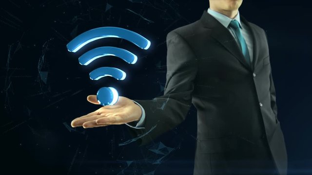 Business man has on hand wifi network symbol black