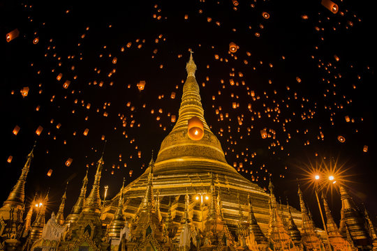 Lanterns over Shwedagon temple by night, Yangon, Myanmar 