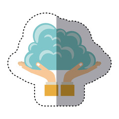 colorful sticker of hands holding a cumulus cloud vector illustration