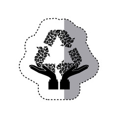 sticker silhouette of hands holding a recycling symbol shape vector illustration