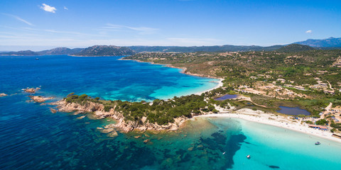 Aerial  view  of Palombaggia beach in Corsica Island in France - obrazy, fototapety, plakaty