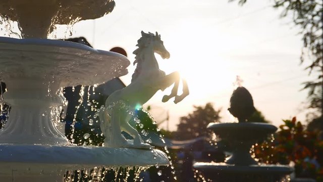 Fountain with White sculpture horse, camera handheld shooting.