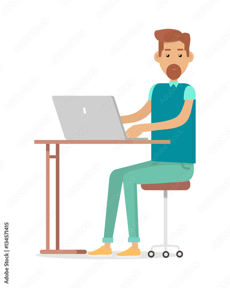 Poster man with beard sitting at desk working on notebook