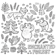 Hand drawn set with animals in outline