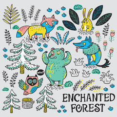 Hand drawn set with cartoon animals