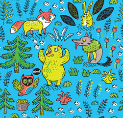 Hand drawn seamless pattern with funny colorful animals