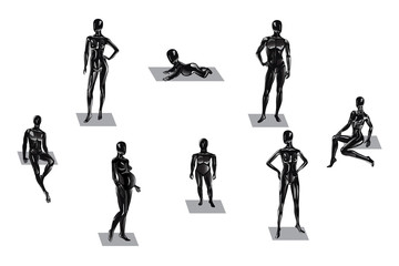 Set of Mannequins . Fashion clothing store mannequins, silhouette of man, girl, baby , teenager, pregnant woman