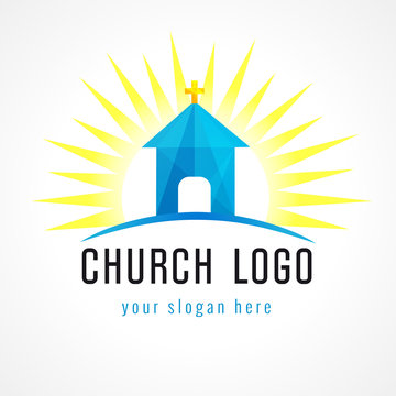 Church in sun light vector logo. Missionary icon. Template symbol for churches, events and christian organizations. Church house on hill blue facet sign.