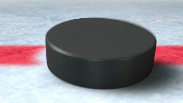 A close up of a hockey puck falling on the center mark of an ice hockey rink