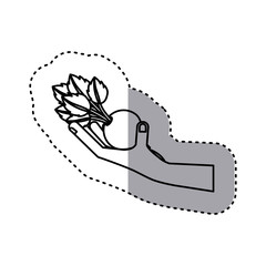 sticker contour of hand holding beet vegetable vector illustration