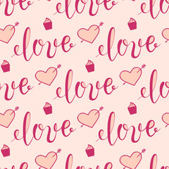  Background for Valentines day, wedding invitation. Seamless pattern  with hand drawn love lettering ,  heart. Design  for greeting card.
