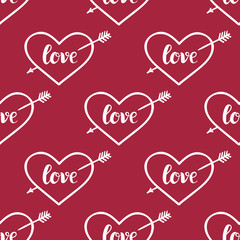  Background for Valentines day, wedding invitation. Seamless pattern  with hand drawn love lettering ,  heart. Design  for greeting card.