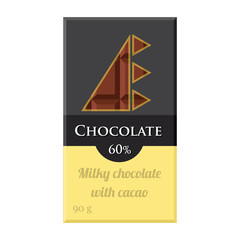 Chocolate bar. Cacao label package. Sweet milky product. Flat style