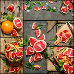 Food collage of fresh grapefruit .