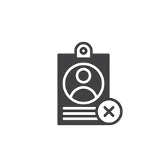Personal badge with X mark icon vector, filled flat sign, solid pictogram isolated on white. User id not verified symbol, logo illustration