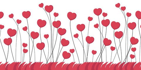 heart tree on red grass, seamless border, vector - 134575615
