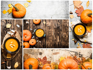 Food collage of pumpkin soup.