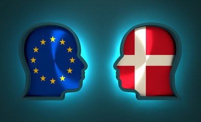 Image relative to politic and economic relationship between European Union and Denmark. National flags inside the heads of the businessmen. Teamwork concept. 3D rendering. Neon light