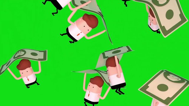 3d cartoon business man falling with money parachute looped animation. Green screen chroma key background.