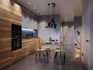 Modern kitchen interior design with wooden facades and stone sur - 134577238