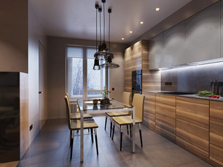 Modern kitchen interior design with wooden facades and stone sur - 134577247