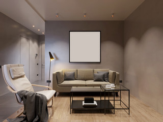 Modern living room interior design with gray walls