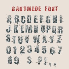 Decorative alphabet vector font. Letters symbols and numbers. Typography for headlines, posters, logos etc. Shattered style. Grunge texture