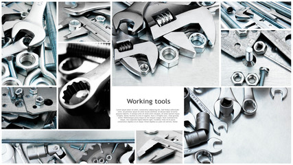 Collage of metal tools photos .