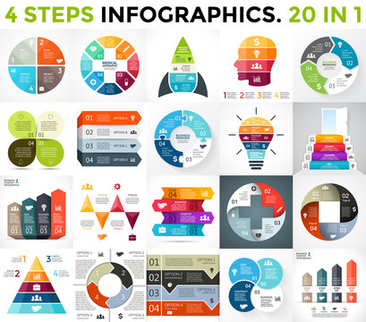 Vector best infographics set. Business diagrams, arrows graphs, startup presentations template, idea charts. Data options with 4 parts, steps, processes. 20 in 1.