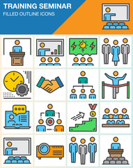Business training seminar presentation line icons set, filled outline vector symbol collection, linear colorful pictogram pack isolated on white. Signs, logo illustration, web graphics