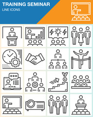 Business training seminar presentation line icons set, outline vector symbol collection, linear pictogram pack. Signs, logo illustration. Include icons as Presenter, Teacher, Audience, Winner