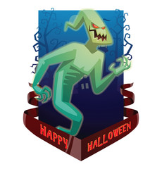 Vector dark blue card "Happy Halloween" with bare trees, a cemetery, a red banner and with cartoon image of funny light green ghost with red eyes flying and laughing on a white background. Halloween.