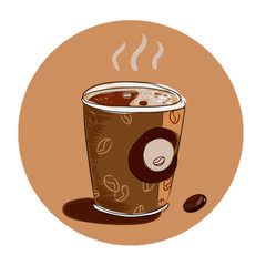 Illustration of a stylish hot cozy cup of coffee to go with a yin yang symbol on a foam. On a beige brown background