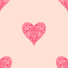 Abstract seamless background with pink lacy hearts.  Vector illustration.