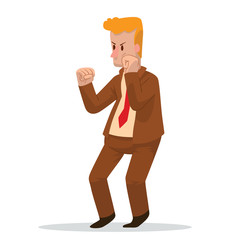 Vector cartoon image of a businessman with curly ginger hair in brown suit, light-colored shirt and red tie, fighting on a white background. Business fight. Office warrior. Vector illustration.