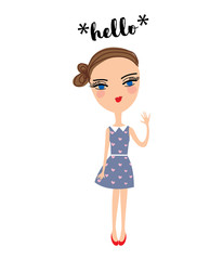 French fashion style girl waving hand and saying hello. Vector illustration