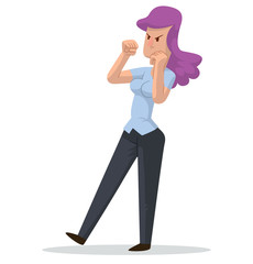 Vector cartoon image of a business woman with wavy purple hair in black trousers and light blue blouse, fighting on a white background. Business fight. Office warrior. Vector illustration.