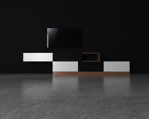 3d render interior Living room with TV on wall black room.