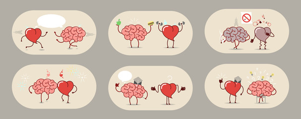 The brain and the heart, set of stories. Teamwork, heart attack, healthy organs. Set of vector icons cartoon.