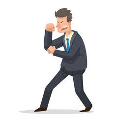 Fototapeta na wymiar Vector cartoon image of a businessman with curly black hair, in black suit, light-colored shirt and blue tie, fighting on a white background. Business fight. Office warrior. Vector illustration.