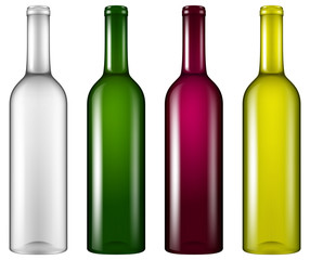 Set of four realistic looking empty wine bottles. Vector illustration.