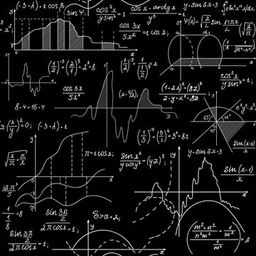 Math scientific vector seamless background with handwritten figures, formulas, plots