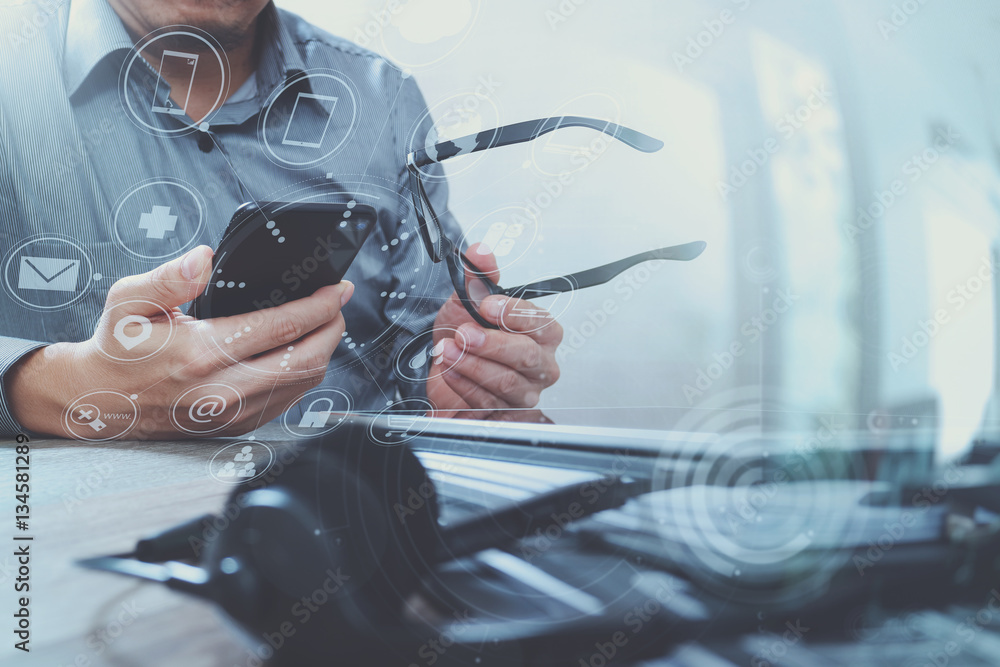 Poster man with eyeglasses hand using voip headset with digital tablet