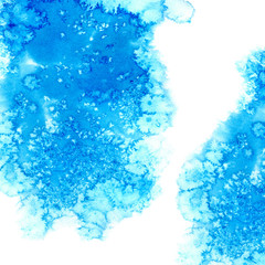 Blue watery frame .Abstract watercolor hand drawn illustration. Azure splash.White background.