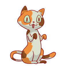 Vector cartoon image of a cute white-ginger-brown cat sitting and smiling on a white background. Pet. Vector illustration. Positive character. Cat.