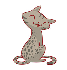 Vector cartoon image of a cute gray spotted cat sitting and smiling on a white background. Pet. Vector illustration. Positive character. Cat.
